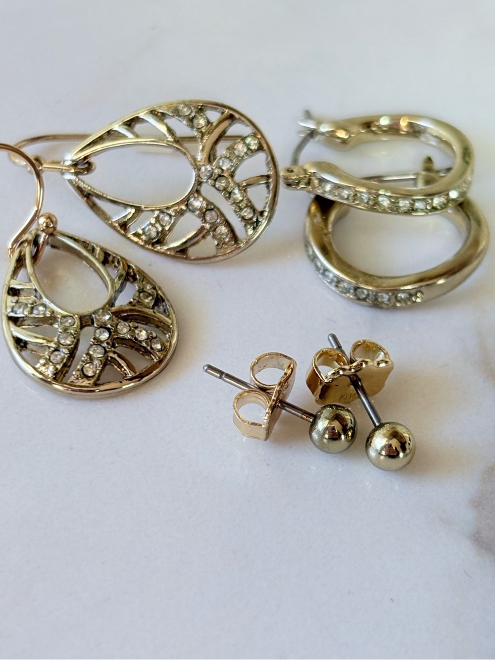 Vintage Avon Gold Tone Pave Hoop Stud & Openwork Teardrop 3-Pair Set